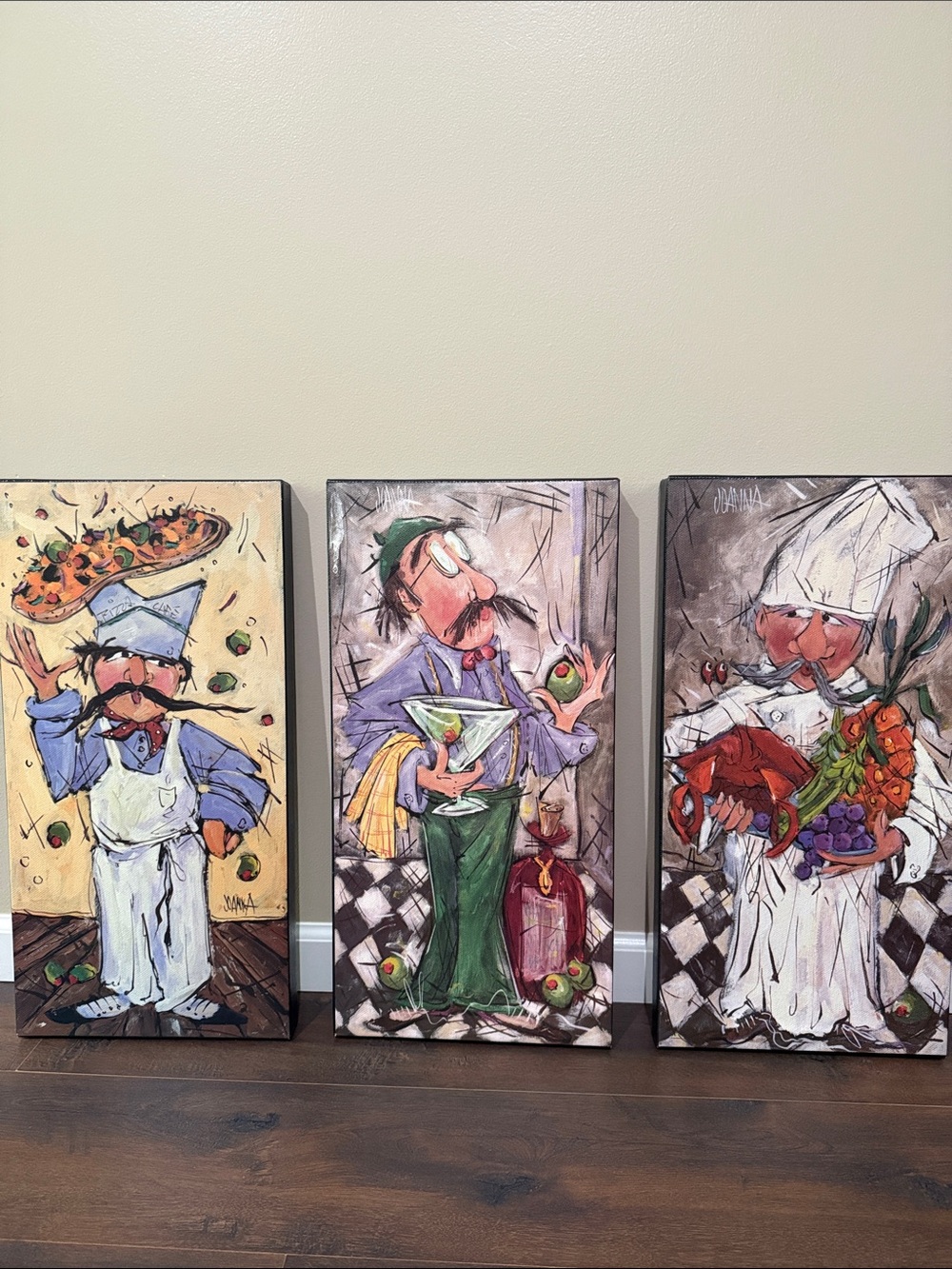 Expressionist Chef Art by JOANNA. Lot of 3 Canvas measuring 12 x 24 ea NWOT